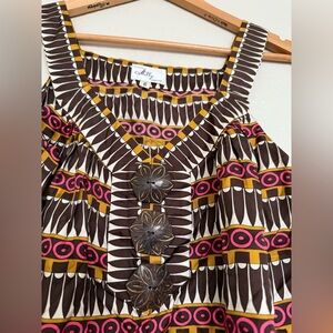 Milly Top Womens Silk Geometric Print V-Neck Sleeveless